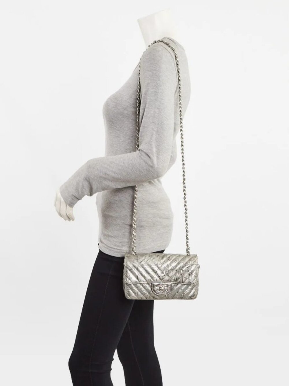 Chanel Silver Chevron Quilted Patent Leather Classic Rectangular Mini Flap Bag